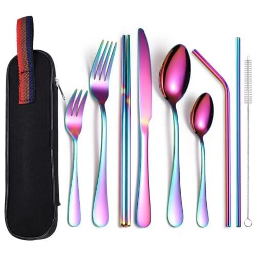 9Pcs/set Tableware Travel Cutlery Set Reusable Camping Utensils 304 Stainless Steel Portable Picnic Spoon Fork Straw Dinnerwear