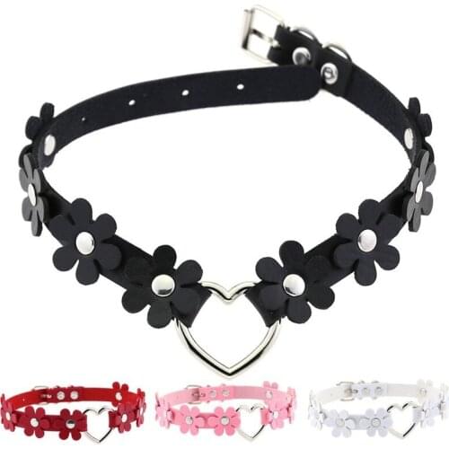 Punk 16 Colors PU Leather Heart Choker Necklace Women Gothic Statement Flower Necklaces Cosplay Anime Harajuku Jewelry