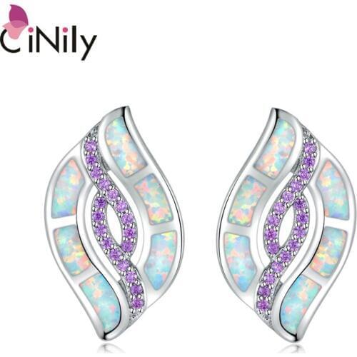 CiNily White & Blue Fire Opal Stud Earrings Silver Plated Purple Stone Gift for Girl Women Party Jewelry