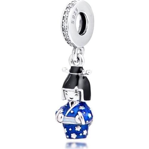 Fit Pandora Bracelet DIY Beads Original Japanese Doll Blue Kimono S925 Silver Charm for Jewelry Making Women Gift 021154
