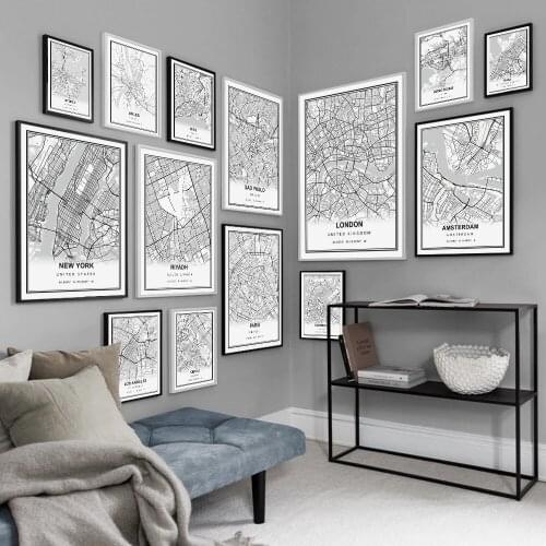 Nordic Poster Print Modern City Map Wall Art London New York Paris Black White Canvas Painting Decoration Living Room Picture