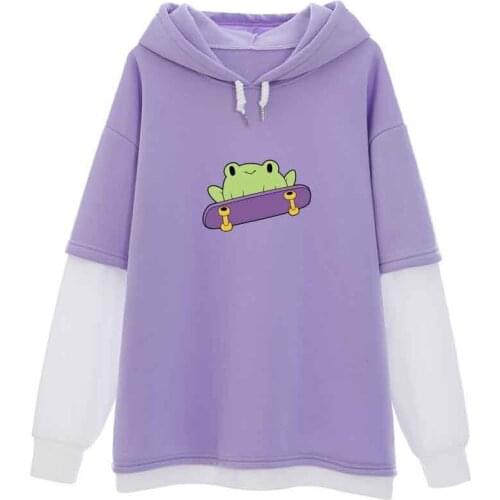 Color Block Cute Clothes Frog Fake Two Piece Top Kawaii Hoodies for Girls Oversized Sweatshirt Harajuku Streetwear Jacket Top
