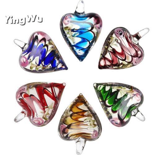 Yingwu Lovely Heart 6pcs/lot Mixed Murano Glass Lampwork Heart Charm Pattern Glass Pendants