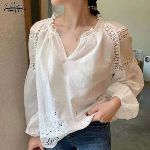 Summer Hollow Out White Women Shirts Casual Long Sleeve Loose Blouse V Neck Plus Size Fashion Sweet Ladies Tops Blusas 14818