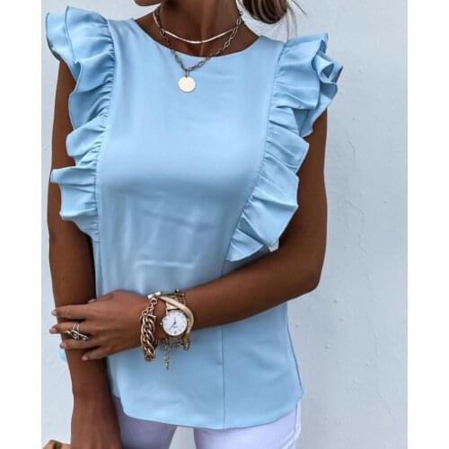 Women Blouse Solid Color Back Hollow Out Summer Ruffle Tie-Up Bow Sleeveless Top for Home Womens Clothing 2021 Street wear