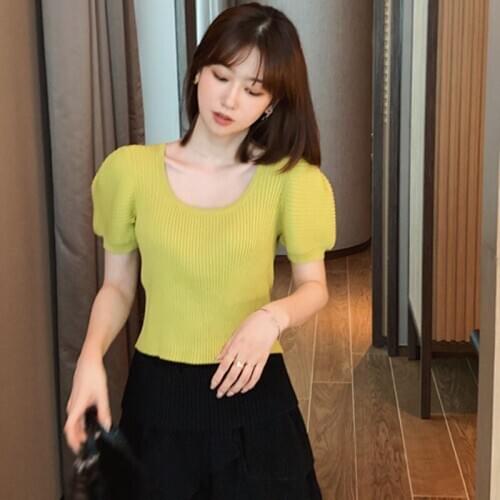 Solid Color Women Elegant Tshirt Summer Square Collar Short Sleeve Knitted Korean Style Sweet Tees Slim Tops