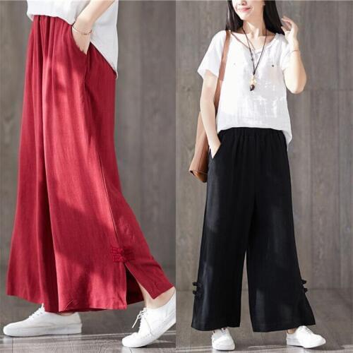 2020 Women Summer Vintage Wide Leg Pants Autumn Elastic Waist Button Loose Cotton Linen Trousers Solid Pantalon Plus Size M-7XL