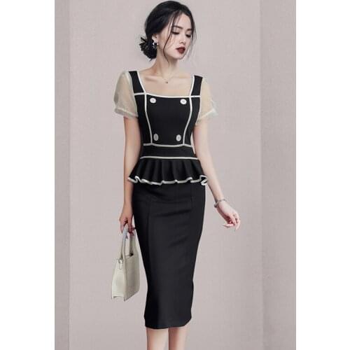 2021 Summer New Womens Temperament OL Professional Dress Square Neck Puff Sleeve Slim Ruffled Buttocks One Step Dress