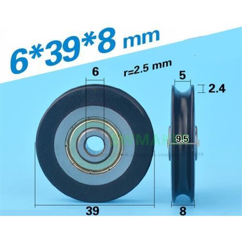 1pcs 6*39*8mm shift door pulley, concave wheel U groove, wire rope over line wheel, rubber wrapped plastic nylon bearing roller