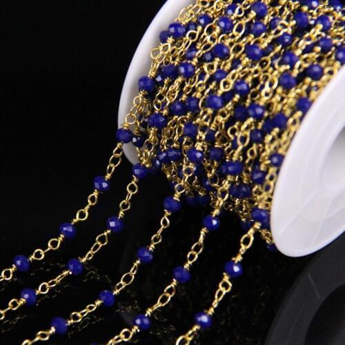 3x4mm Lapis Blue Glass Gold Color Chain,Crystal Faceted Rondelle Bead Wire Wrapped Rosary Chain DIY Bracelet Women Sweater Chain