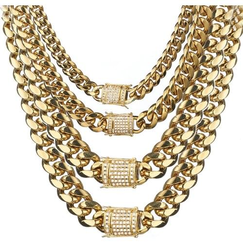 6-18mm wide Stainless Steel Cuban Miami Chains Necklaces CZ Zircon Box Lock Big Heavy Gold Chain for Men Hip Hop Rock jewelry