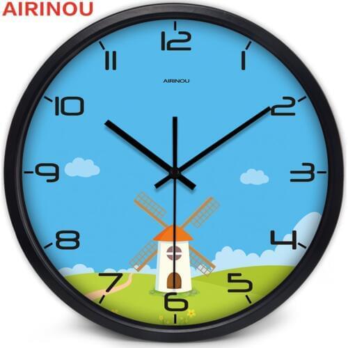 Airinou Cartoon blue sky and windmill pure and fresh style wall clock glass and metal children room children park