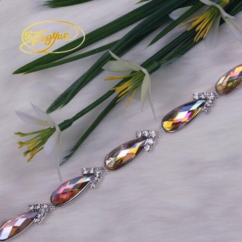 Free shipping 1yards 0.94 m wide 4 color clear crystal rhinestone cup chain trims applique gold plating for garment sewing