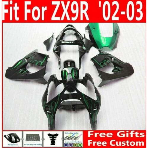 Free customize for Kawasaki 02 03 zx9r fairings 2002 2003 ZX-9R Ninja fairing set black with green flames+cover tank