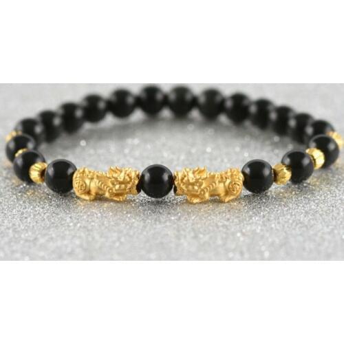 Pure 999 24k Yellow Gold Unisex 3D Pixiu & Faced Bead Black Agate Beads Bracelet 6.3inches