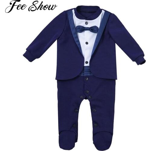 Gentleman Infant Baby Boy Formal Footed Tuxedo Romper Newborn Wedding Party Clothes Baby Long Sleeve Body Jumpsuit Baby Rompers