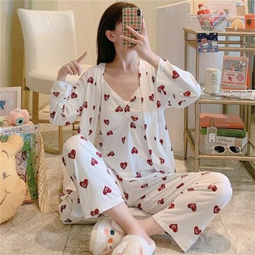 Womens Pajamas Trouser Suits New Milk Silk three-piece Sweet Cute Home Service Sling Long sleeves with chest pad Sexy Sleepwear
