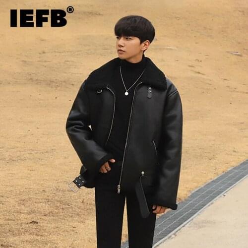 IEFB Mens Faux Lambswool Coat 2021 New Winter Thickened Korean Fashion Loose PU Leather Jacket Zipper Streetwerar Coats 9Y9414