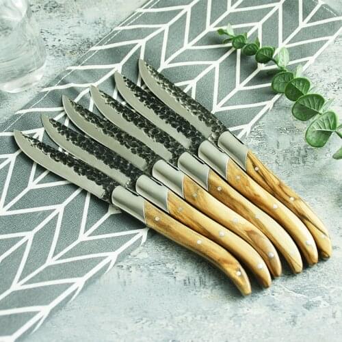 4/6/8/10PCS Laguiole Steak Knife Set Black Hammer Blade Dinner Knives with Olive Wood Handle Table Knife set Handmade Forged