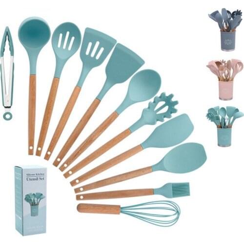 Silicone Utensils Set Wooden Handle Kitchen Accessories 12Pcs Non-Stick Spatula