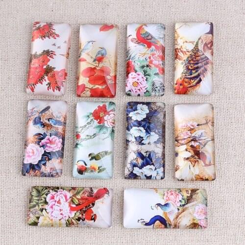 Onwear 10pcs mix vintage bird peacock flower photo rectangle glass cabochon 10x25mm diy jewelry findings for scrapbooking