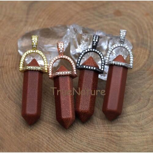 Micro Zircon Pave Necklace Pendant Gold Sand Stone Double Terminated Point Nugget Pendant Copper Jewelry In 45*10 mm PM7393