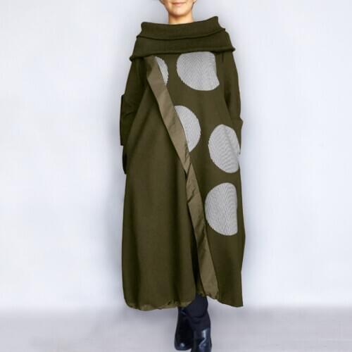 Casual Sweatshirt Dress Women Elegant Dress 2021 VONDA Female Vintage Dot Print Patchwork Jumper Dress Pullover Plus Size