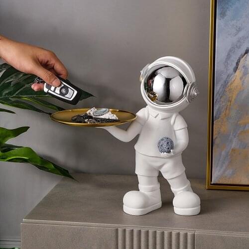 Nordic Astronaut Miniature Ornaments Metal Tray Resin Spaceman Figurine Statue Desk Organizer Modern Home Living Room Decoration
