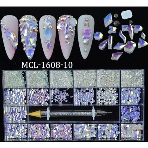 Glass Crystal Rhinestones Golden Base Multi Shapes Nail Art Gems Set Shiny Jewels with Dotting Pen for Nails Art DIY
