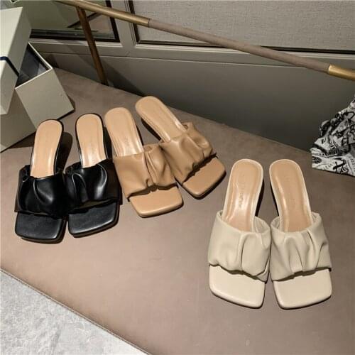 Pleated Leather Sandals Woman Shoes Square Head Fashion Sandals Summer Slippers Asakuchi All-match Open Toe High Heel Slippers