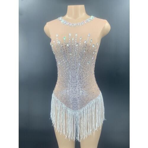 Silver Rhinestone Fringe Dress Nude Mesh Bodysuit Women Birthday Party Club Outfit Bar Ds Dj Costume Singer Dancer Wear VDB3104