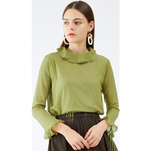 Womens T-Shirts Plus Size 2020 Autumn Winter Premium Embroidered Ruffled Collar Long Sleeves Elastic Miyake Pleated Base Tops