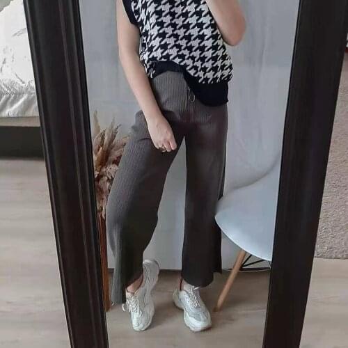 MEIYANGYOUNG Solid Knitted Pants Casual Loose Wide Leg Womens Pants Female Drawstring Stretch Sweater Trousers Home Clothes