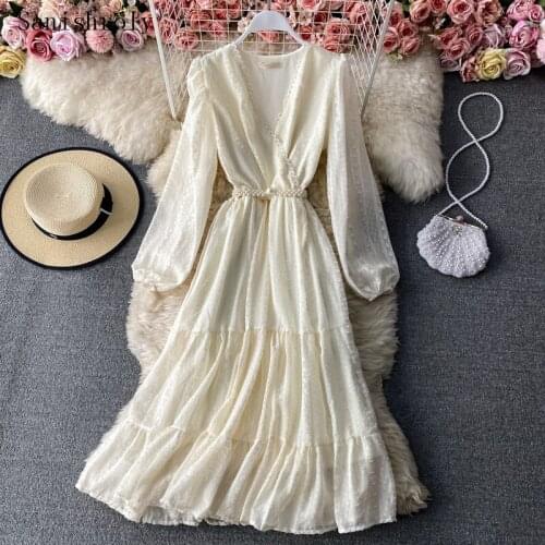Elegant Hollow Out Chiffon Dress Women V Neck Puff Sleeve Large Hem Cake Dress Lady Long Sleeve Long Holiday Vestidos With belt