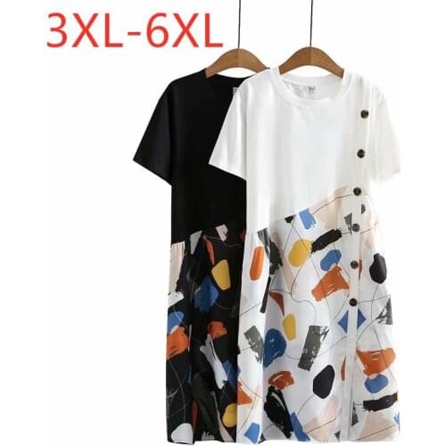 New 2021 Ladies Summer Plus Size Midi Dress For Women Large Short Sleeve Casual Loose Cotton Linen Print Dress 3XL 4XL 5XL 6XL