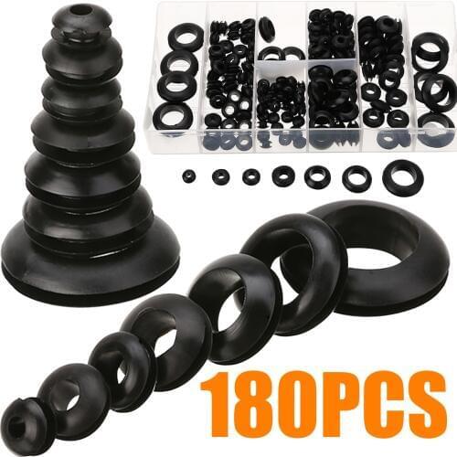 180pcs/kit Electric Cord Cable Gasket Grommets Rubber Grommets Retaining Rings For Power Cord Outlet Protection 7/8''-1'' Black