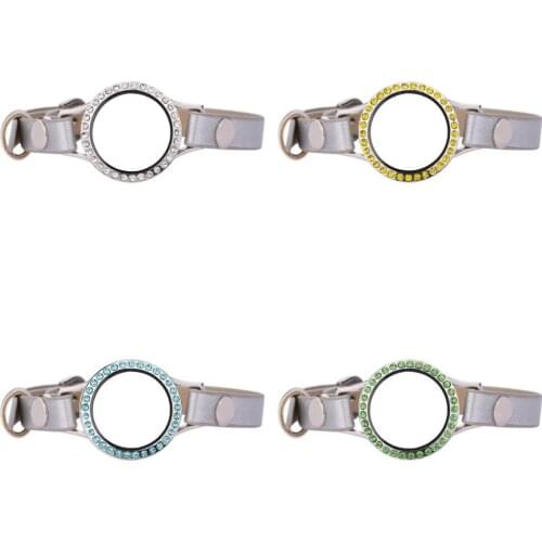 5pcs/lot 25mm Different color crystals Glass Locket 23CM Silver Single Wrap PU Leather Bracelet Wristband With 50pcs Charms