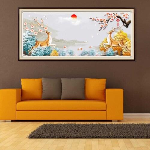 Diamond Painting Scenery Rising Sun Cross Stitch Full Round Square Deer Diamond Embroidery Mosaic Pictures of Rhinestones Decor