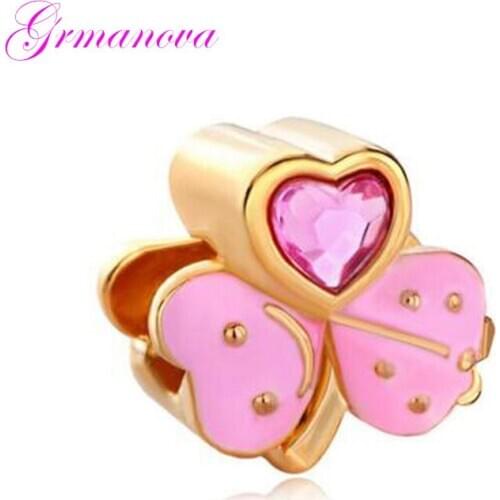 Pink enamel heart-shaped crystal flower charm beads handmade DIY jewelry accessories amulet Fit Pandora Bracelet Necklace