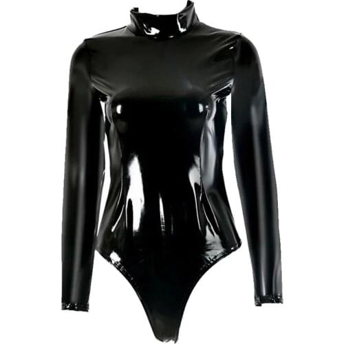 PVC Shiny Sexy Women High Cut Bodysuit Bandage One Piece Dance Wear Long Sleeve Shapewear Latex Tight Matt Catsuit Plus Size
