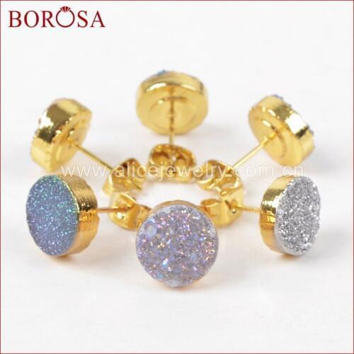 BOROSA 10mm Round Gold Color Natural Stone Druzy Titanium Rainbow Stud Earrings Drusy Geode Stud Earring for Women G1278