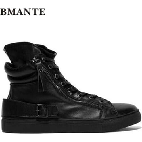 Bmante Genuine Leather Men Ankle Boots Sping Solid Casual Zipper Lace-up Flats High Sneakers Male Adult Luxury Trainers Shoes