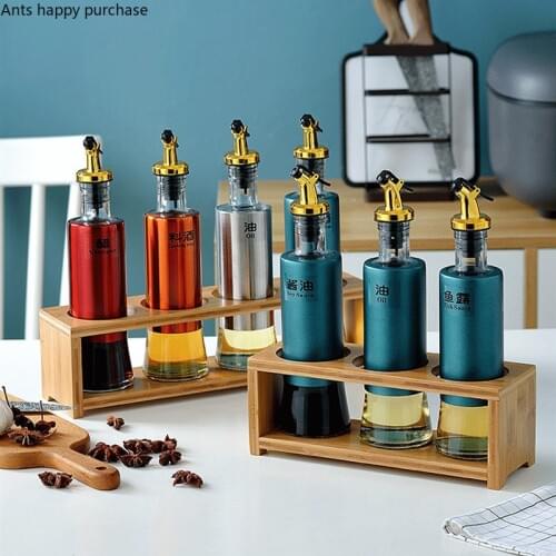 Home Glass Oiler 4 Piece Set Wooden Rack Kitchen Supplies Oil Bottle Leakproof Vinegar Pot Seasoning Tools Combination Packages
