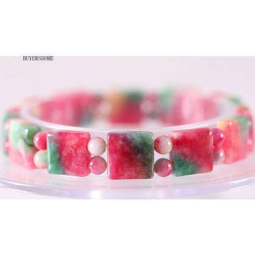 Stretch Bracelet Women Jewelry Gift Natural Red withe Green Stone Jades Round Square Beads Bangle 7" 1Pcs H452
