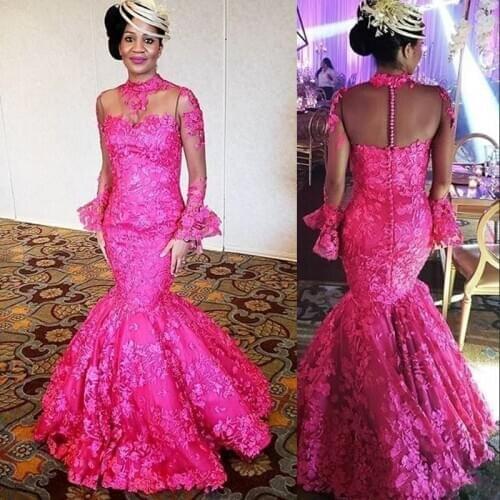 Elegant Mermaid Evening Gowns High Neck Long Sleeves Appliques Formal Prom Gowns Plus Size Mother Gowns Aso Ebi