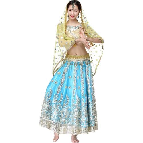 Belly Dance Outfits Bollywood Costume Indian Dance High-grade embroidery Sari 4pcs/Set Top Belt Skirt Sari