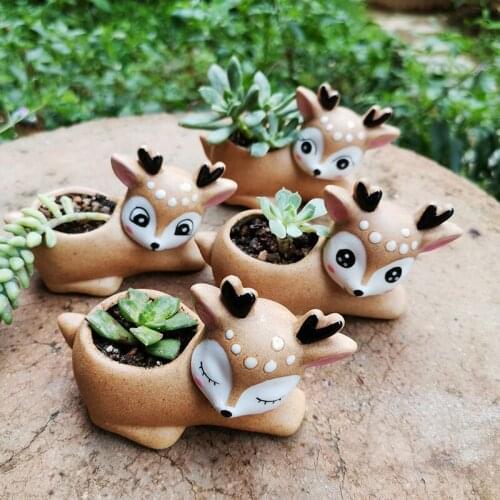 Cute Ceramic Cartoon Elk Shape Succulent Flower Pot Desktop Ornaments Home Decor Garden Succulent Pot Bonsai Plant Container