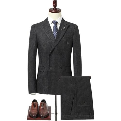 Men Suits Stripe Double Breasted Business Work Party Prom Wedding Groom Banquet 3-Piece Suit Slim Fit Daily Life Blue Black Gray