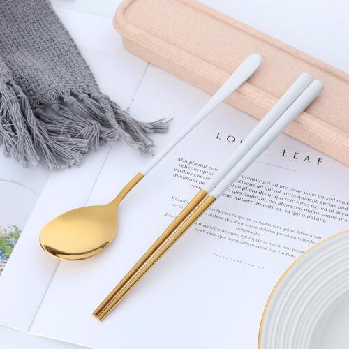 Stainless Steel Dinnerware Set Sushi Chopsticks Dessert Spoon Portable Box Adult School Travel Picnic Wheat Straw Cutlery Set