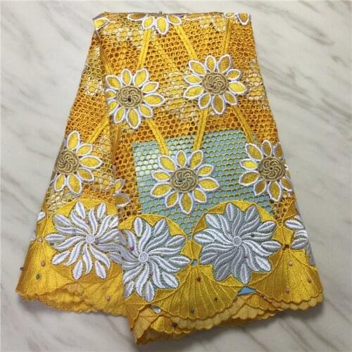 Latest Design African Lace Fabric High Quality Yellow Nigerian Guipure Cord Lace fabric With Stone For Party Dress